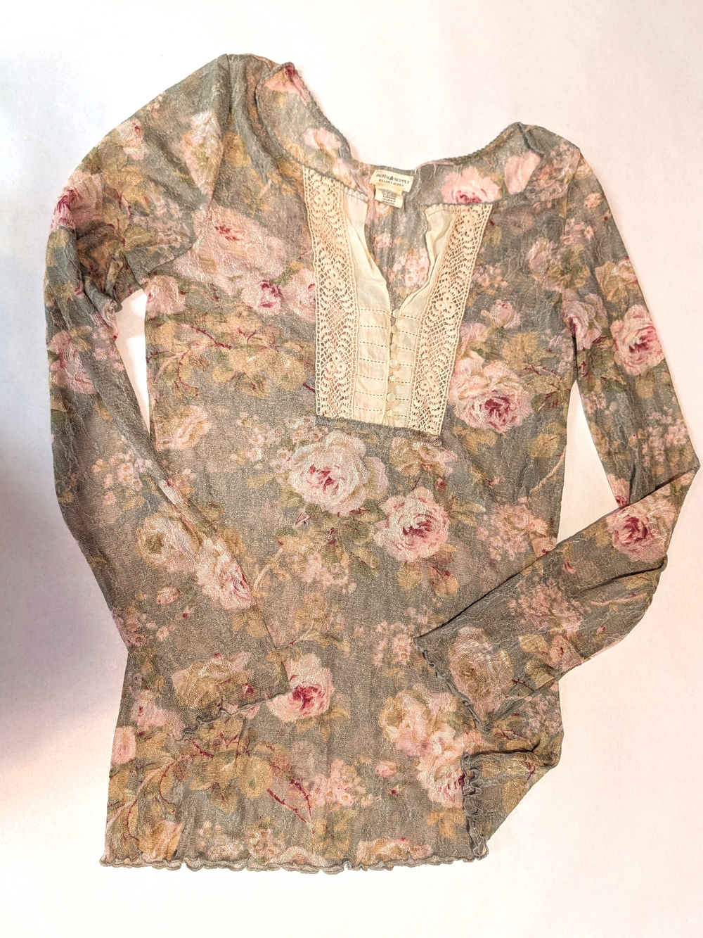 Ralph Lauren Denim & Supply Sheer Lace Crochet Henley Top L Paisley Dainty Fairy